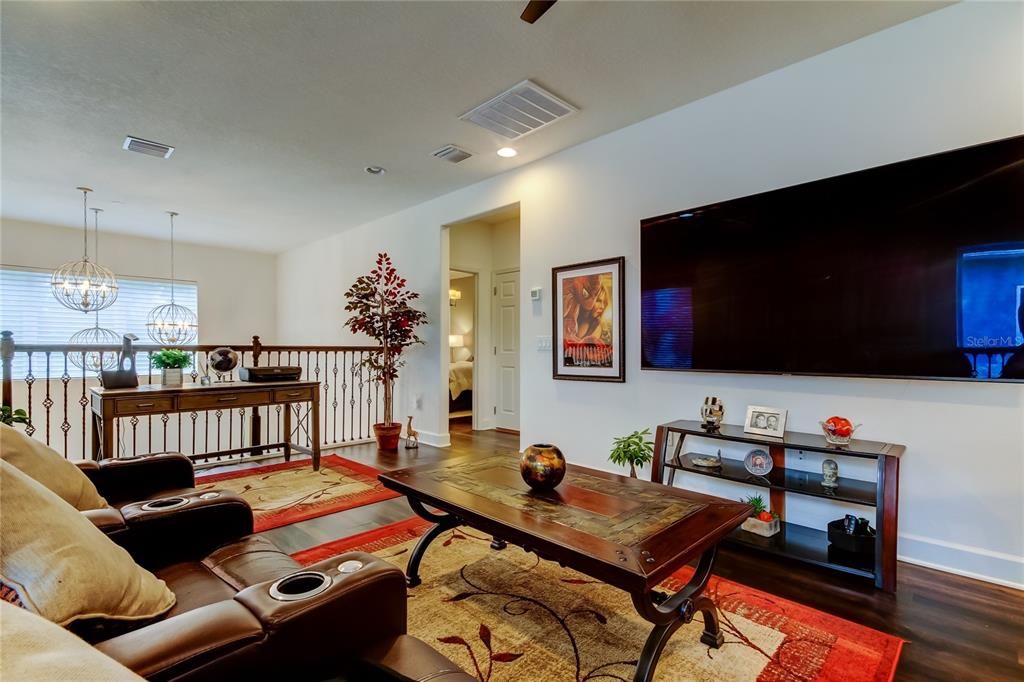 Home Theatre Room, Interior, Living room, Pendant Lights, Recessed Lighting, Wood Texture Flooring