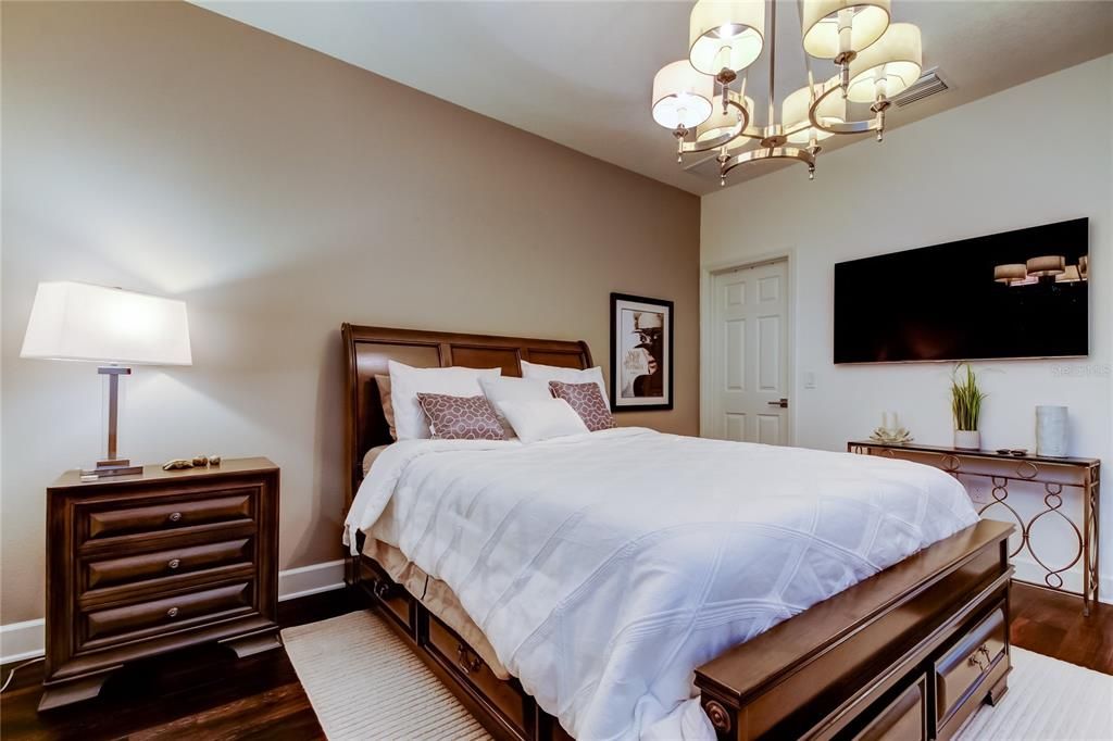 Bedroom, Chandelier, Interior, Wood Texture Flooring