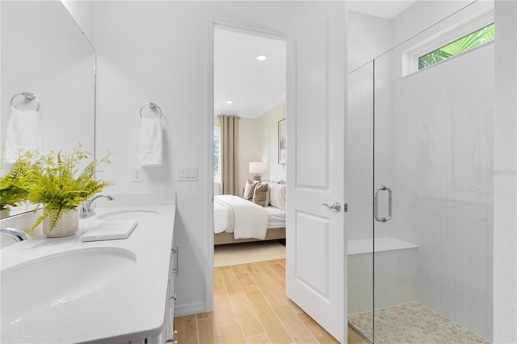 Bathroom, Bedroom, Dual Sink Vanities, Glass Shower, Interior, Recessed Lighting, Wood Texture Flooring