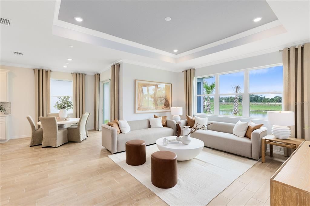 Dining room, Interior, Living room, Recessed Lighting, Water, Wood Texture Flooring