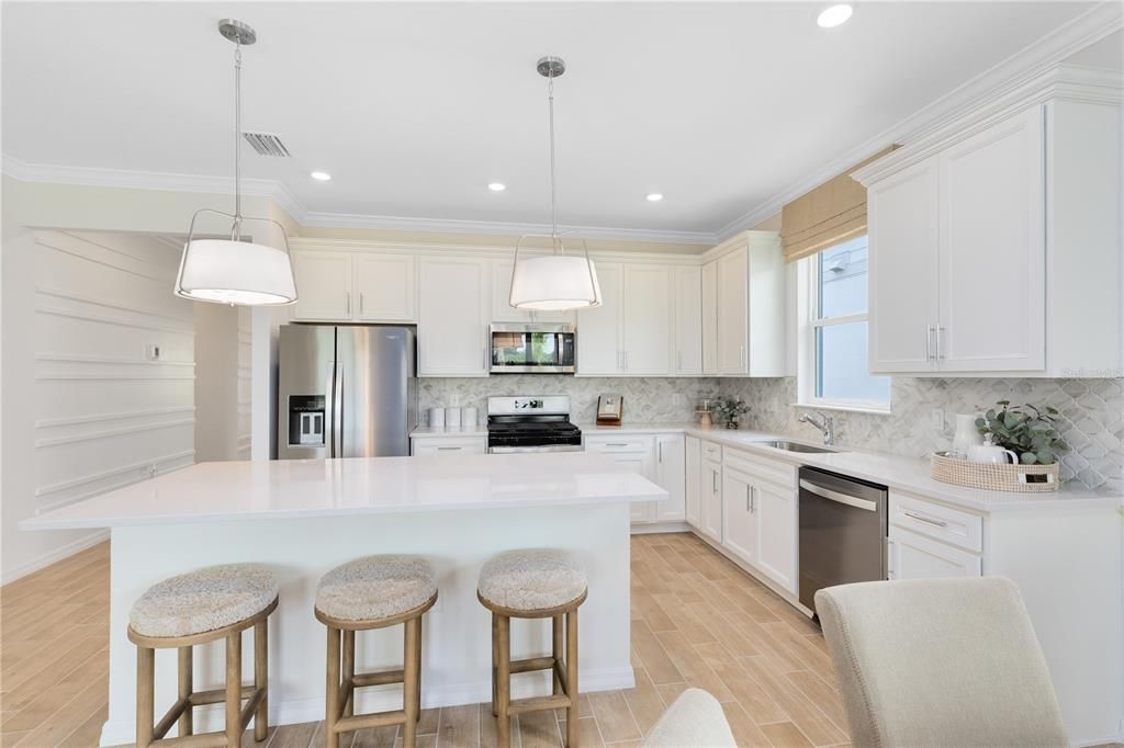 Interior, Kitchen, Pendant Lights, Recessed Lighting, Stainless Steel Appliances, Wood Texture Flooring