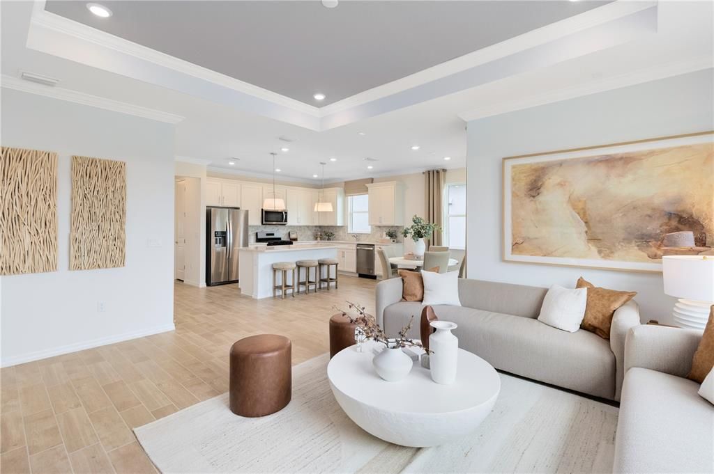 Dining room, Interior, Kitchen, Living room, Pendant Lights, Recessed Lighting, Stainless Steel Appliances, Wood Texture Flooring