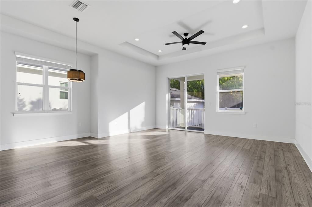 Empty room, Interior, Pendant Lights, Recessed Lighting, Wood Texture Flooring