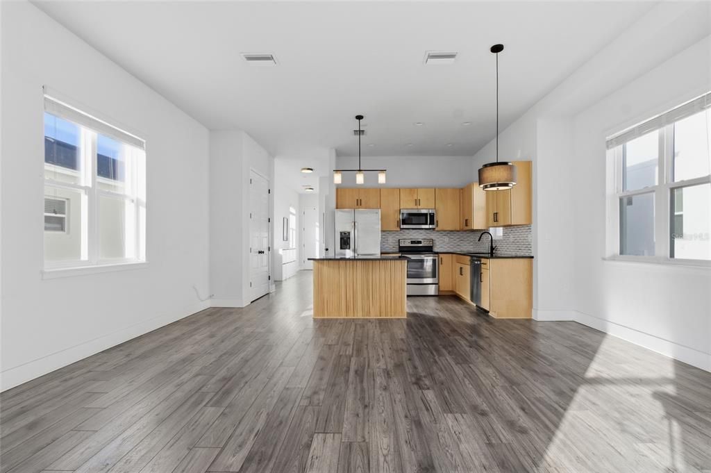 Interior, Kitchen, Pendant Lights, Stainless Steel Appliances, Wood Texture Flooring