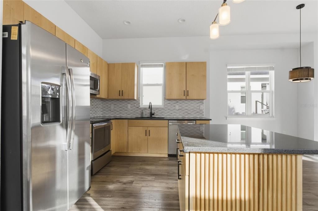 Interior, Kitchen, Pendant Lights, Recessed Lighting, Stainless Steel Appliances, Wood Texture Flooring