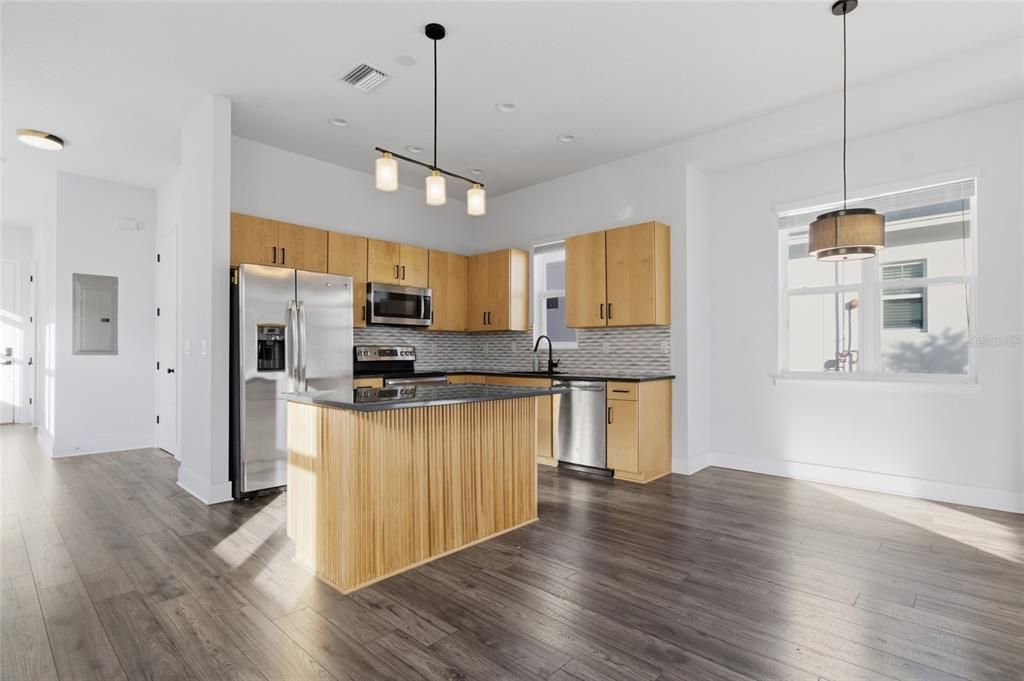 Interior, Kitchen, Pendant Lights, Recessed Lighting, Stainless Steel Appliances, Wood Texture Flooring