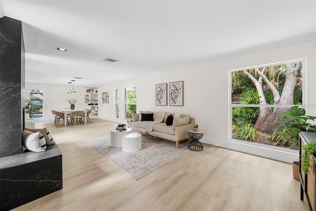 Dining room, Interior, Living room, Pendant Lights, Recessed Lighting, Wood Texture Flooring