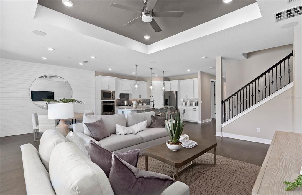 Dining room, Interior, Kitchen, Living room, Pendant Lights, Recessed Lighting, Stainless Steel Appliances, Wood Texture Flooring