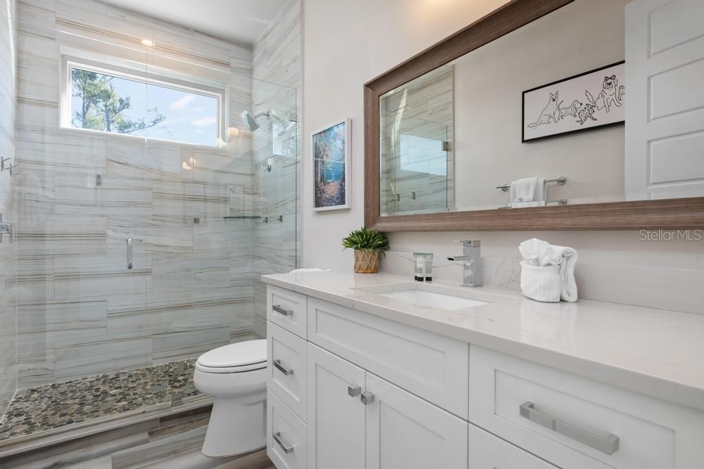 Bathroom, Glass Shower, Interior, Wood Texture Flooring