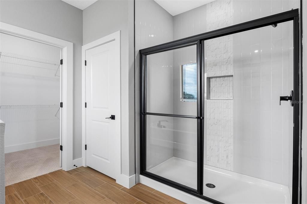 Bathroom, Glass Shower, Interior, Marble Walls, Walk-in Closets, Wood Texture Flooring