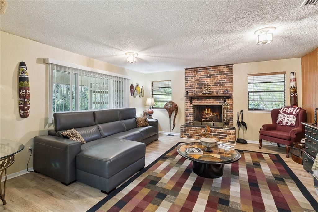 Fireplace, Interior, Living room, Stone Walls, Wood Texture Flooring