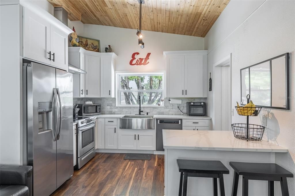 Interior, Kitchen, Pendant Lights, Stainless Steel Appliances, Wooden Ceilings, Wood Texture Flooring