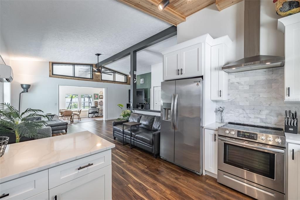 Interior, Kitchen, Marble Walls, Stainless Steel Appliances, Wooden Beams, Wooden Ceilings, Wood Texture Flooring