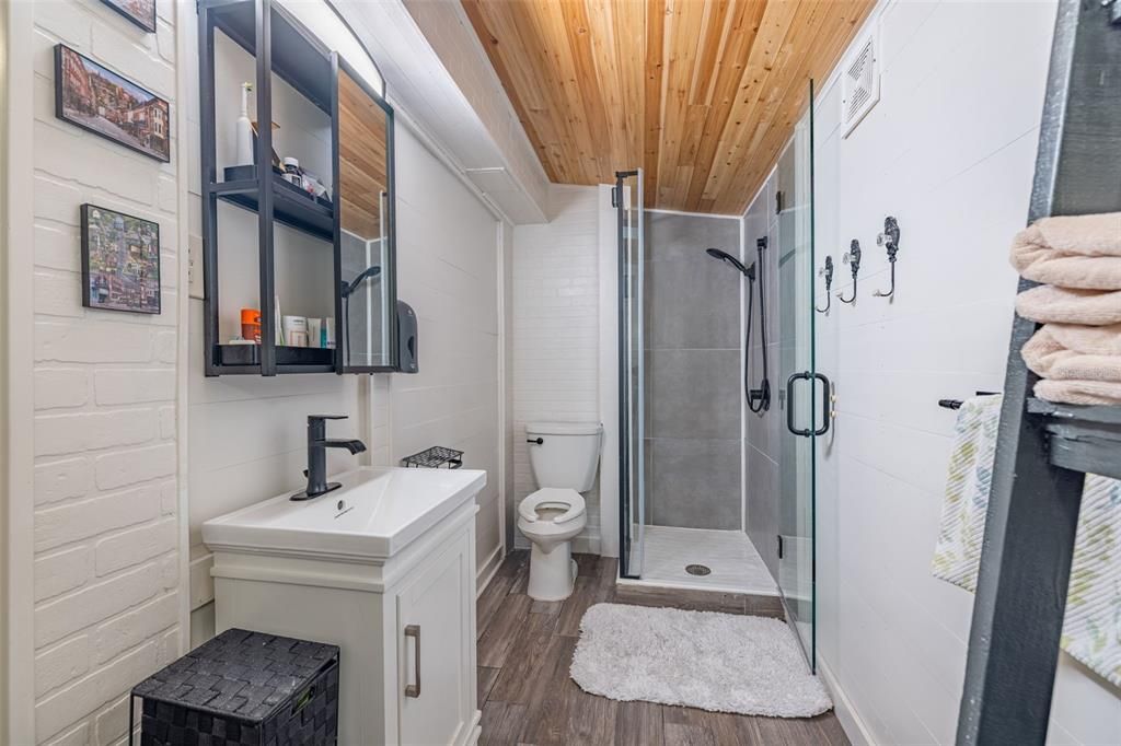 Bathroom, Glass Shower, Interior, Wooden Ceilings, Wood Texture Flooring
