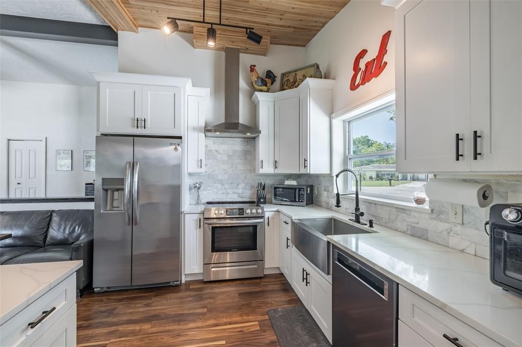 Interior, Kitchen, Pendant Lights, Stainless Steel Appliances, Wooden Ceilings, Wood Texture Flooring