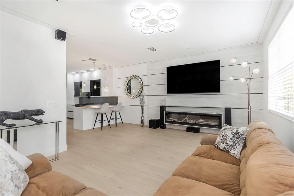 Fireplace, Interior, Kitchen, Living room, Pendant Lights, Wood Texture Flooring