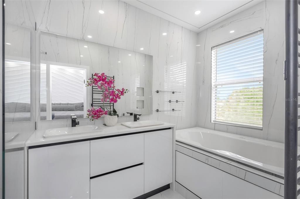 Bathroom, Dual Sink Vanities, Interior, Marble Walls, Recessed Lighting