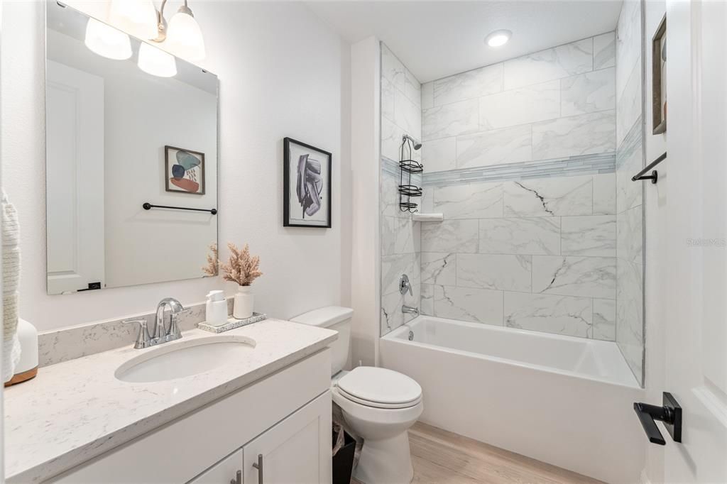 Bathroom, Interior, Marble Walls, Recessed Lighting, Wood Texture Flooring