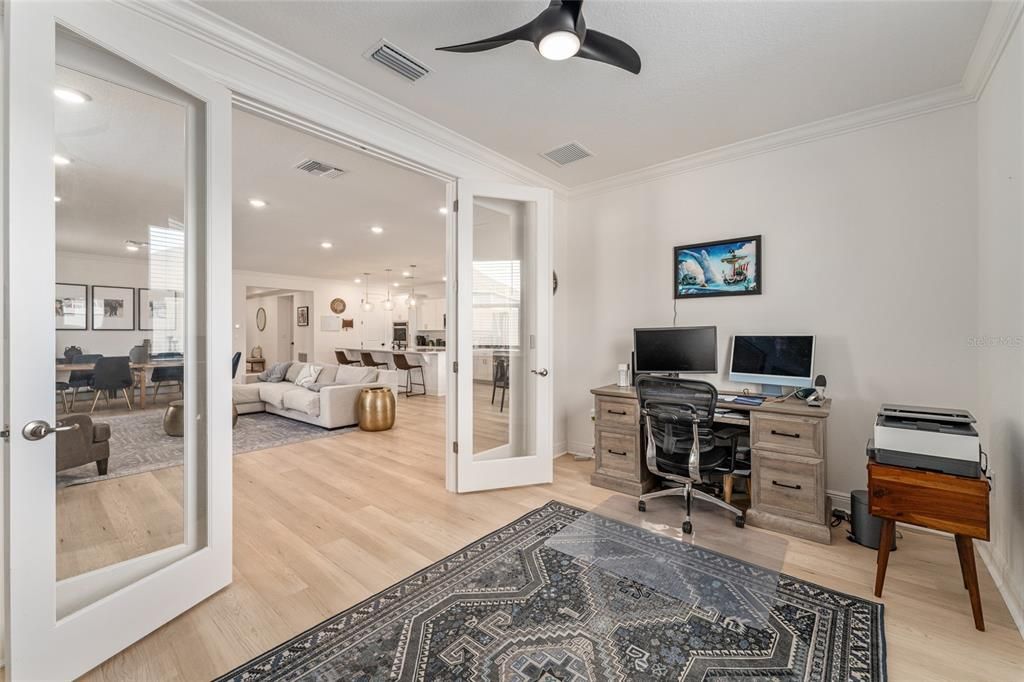 Home Office, Interior, Kitchen, Living room, Pendant Lights, Recessed Lighting, Wood Texture Flooring