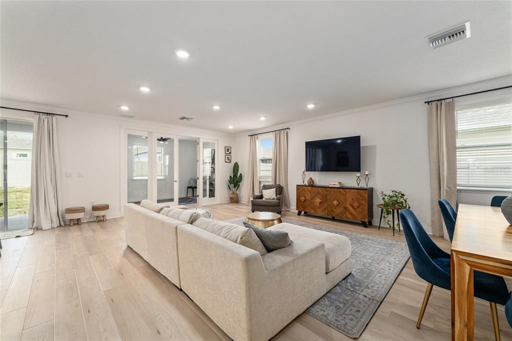 Dining room, Interior, Living room, Recessed Lighting, Wood Texture Flooring