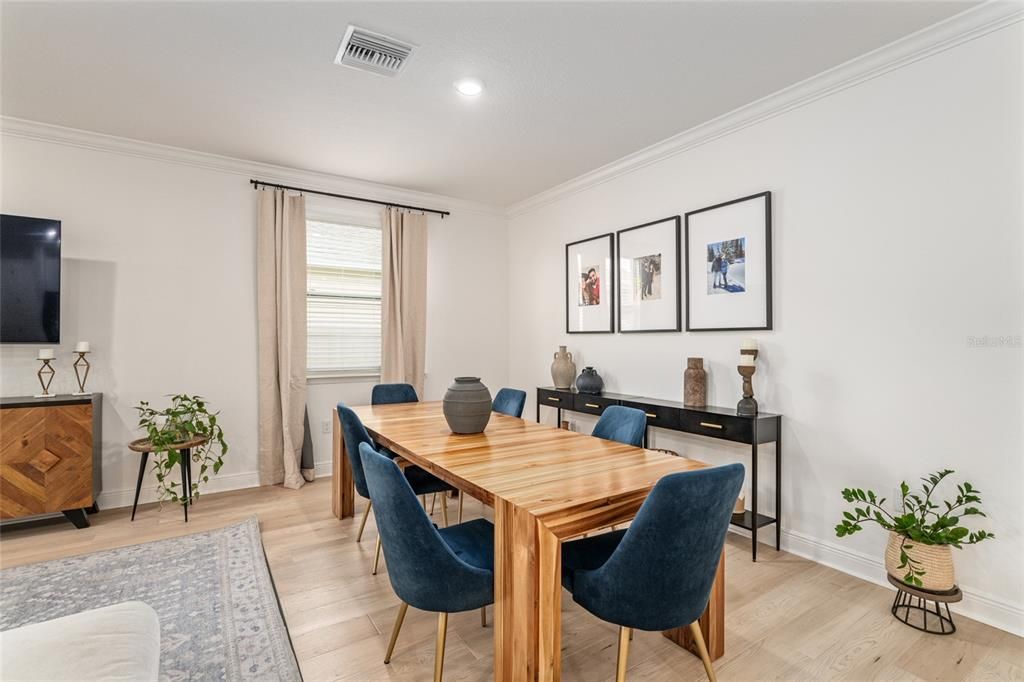 Dining room, Interior, Recessed Lighting, Wood Texture Flooring