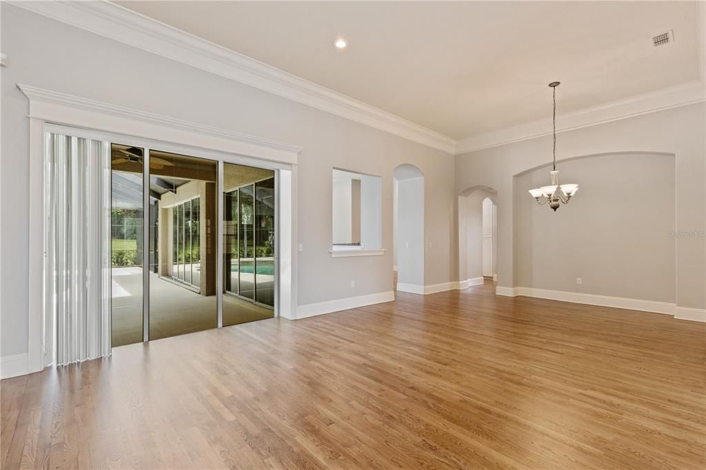 Chandelier, Empty room, Interior, Pendant Lights, Recessed Lighting, Wood Texture Flooring