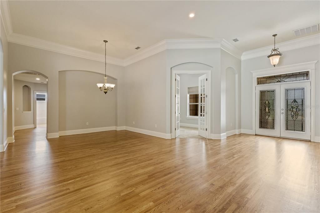 Chandelier, Empty room, Interior, Pendant Lights, Recessed Lighting, Wood Texture Flooring