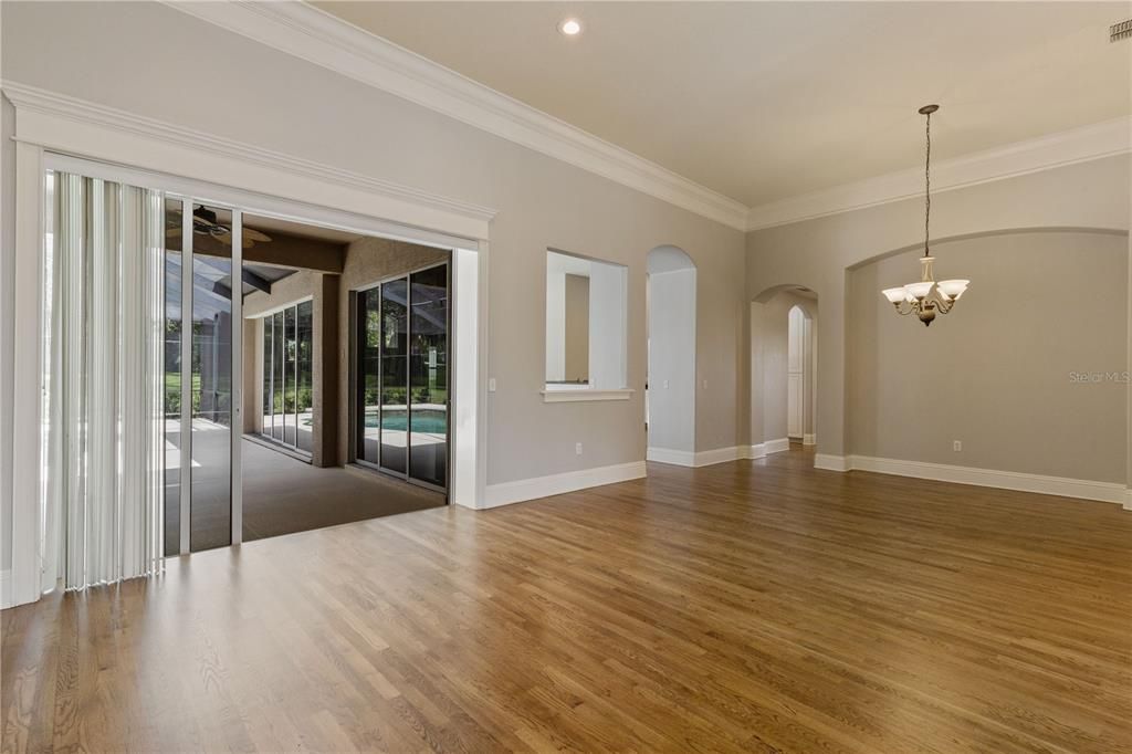 Chandelier, Empty room, Interior, Recessed Lighting, Wood Texture Flooring