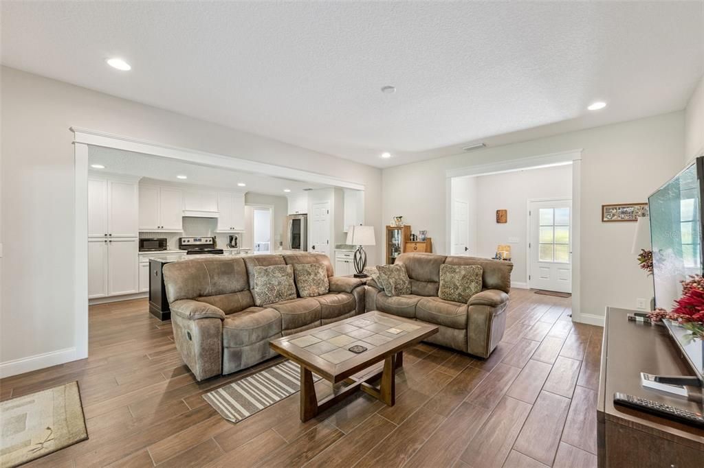 Interior, Kitchen, Living room, Recessed Lighting, Stainless Steel Appliances, Wood Texture Flooring