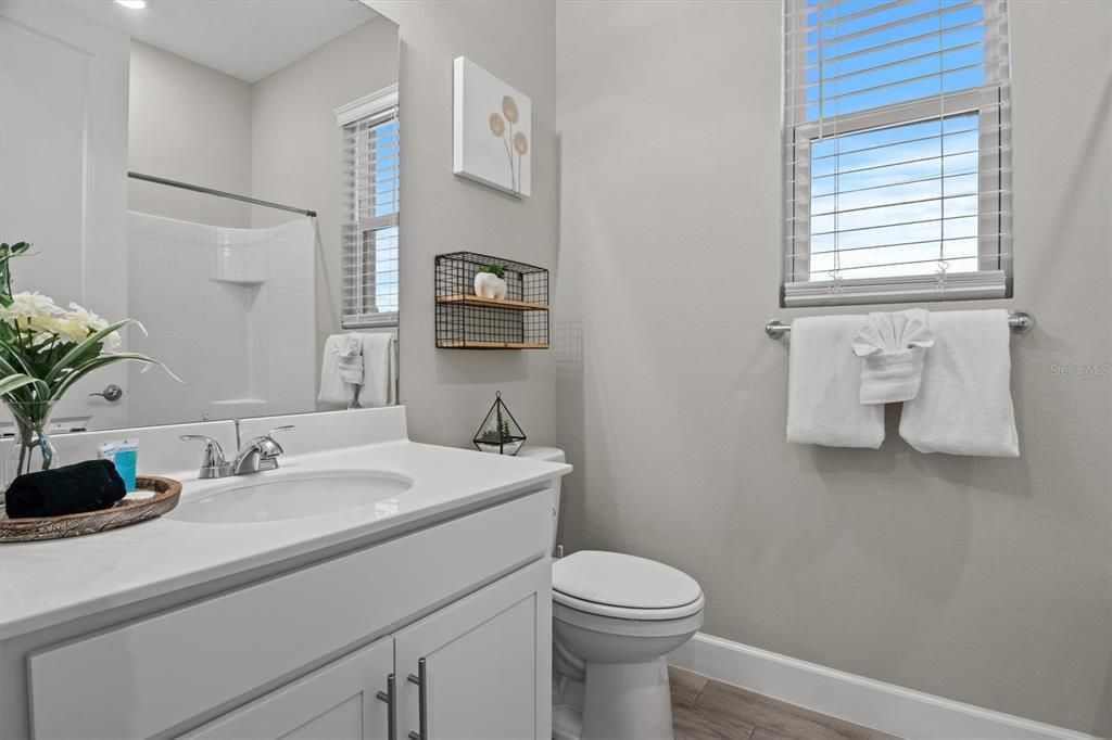 Bathroom, Interior, Recessed Lighting, Wood Texture Flooring