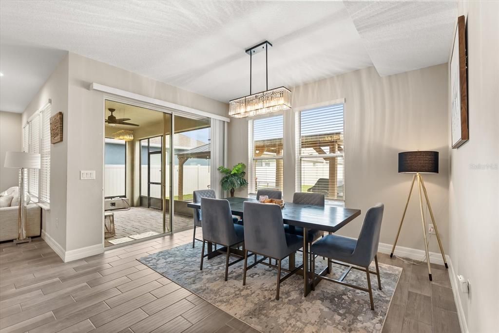 Dining room, Interior, Pendant Lights, Wood Texture Flooring
