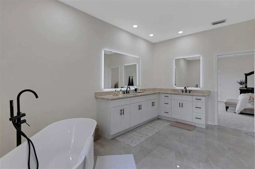 Bathroom, Bedroom, Dual Sink Vanities, Free Standing Baths, Interior, Marble, Recessed Lighting