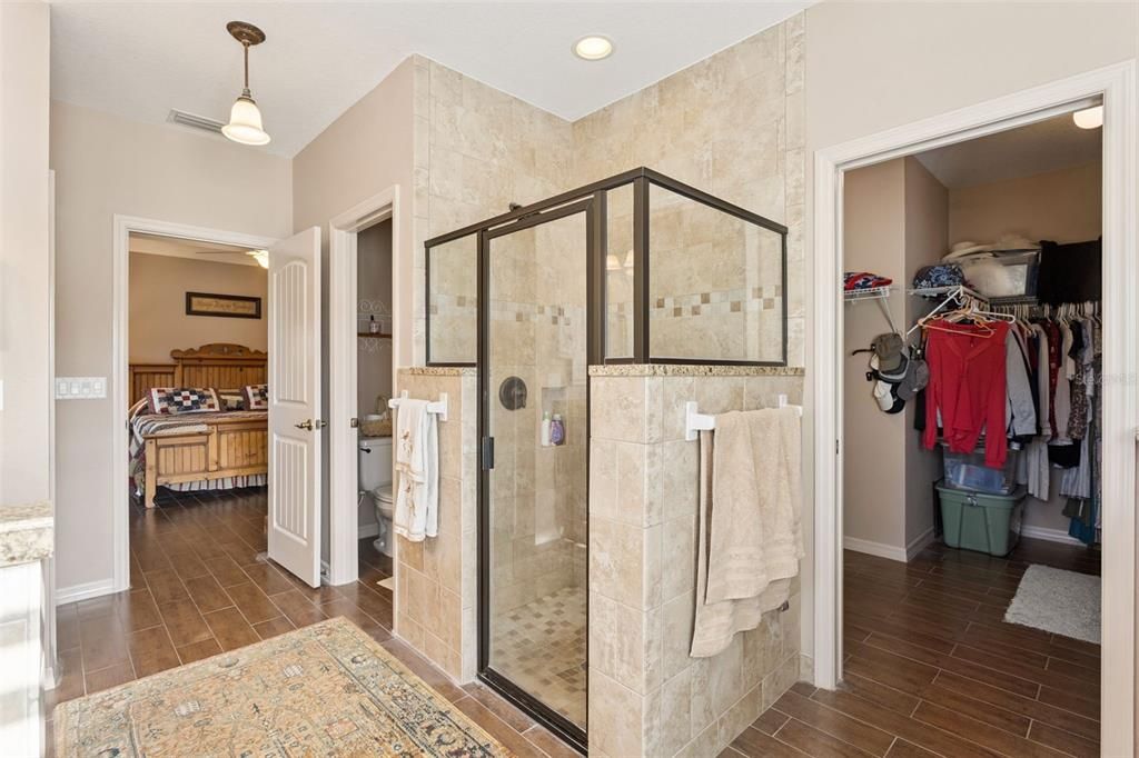 Bathroom, Bedroom, Glass Shower, Interior, Pendant Lights, Recessed Lighting, Wood Texture Flooring