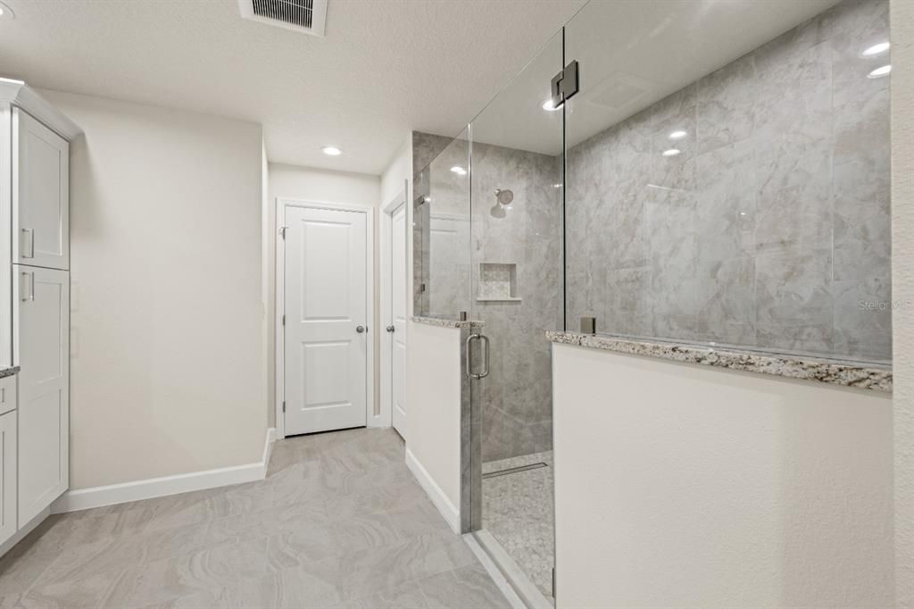 Bathroom, Glass Shower, Interior, Marble Walls, Recessed Lighting