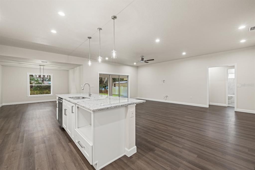 Interior, Kitchen, Pendant Lights, Recessed Lighting, Wood Texture Flooring