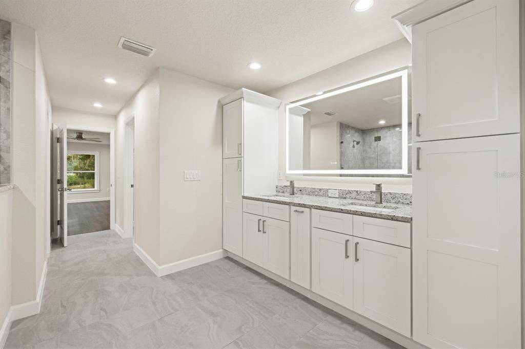 Bathroom, Dual Sink Vanities, Interior, Marble, Recessed Lighting