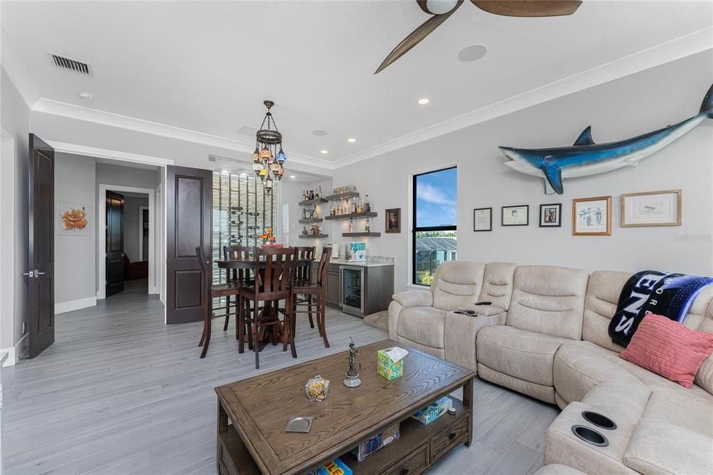 Dining room, Interior, Living room, Pendant Lights, Recessed Lighting, Wood Texture Flooring