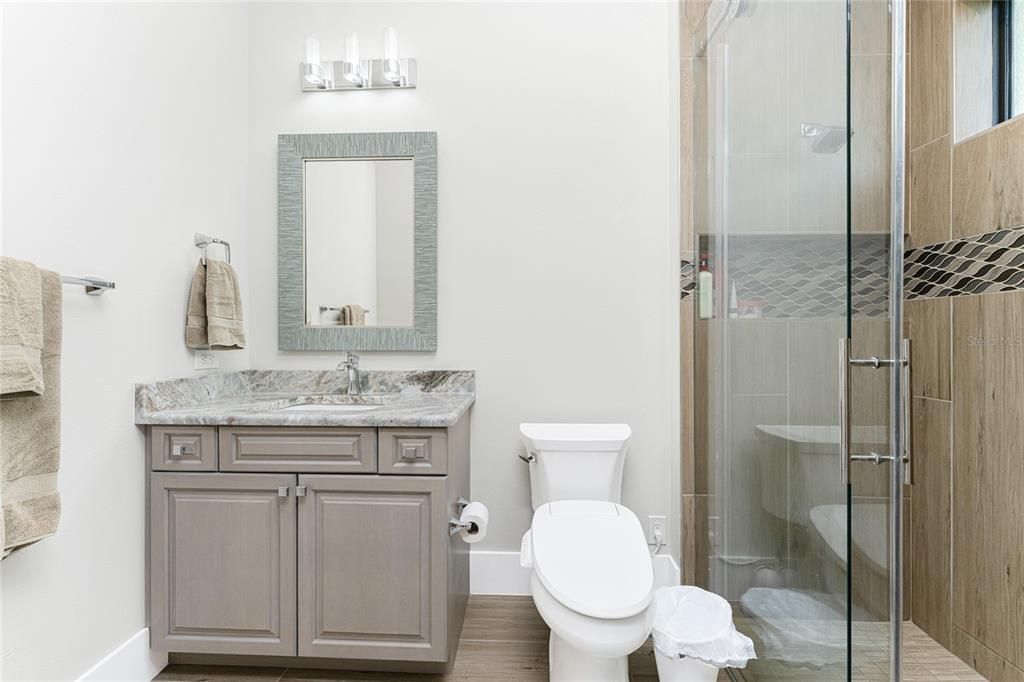 Bathroom, Glass Shower, Interior, Wood Texture Flooring