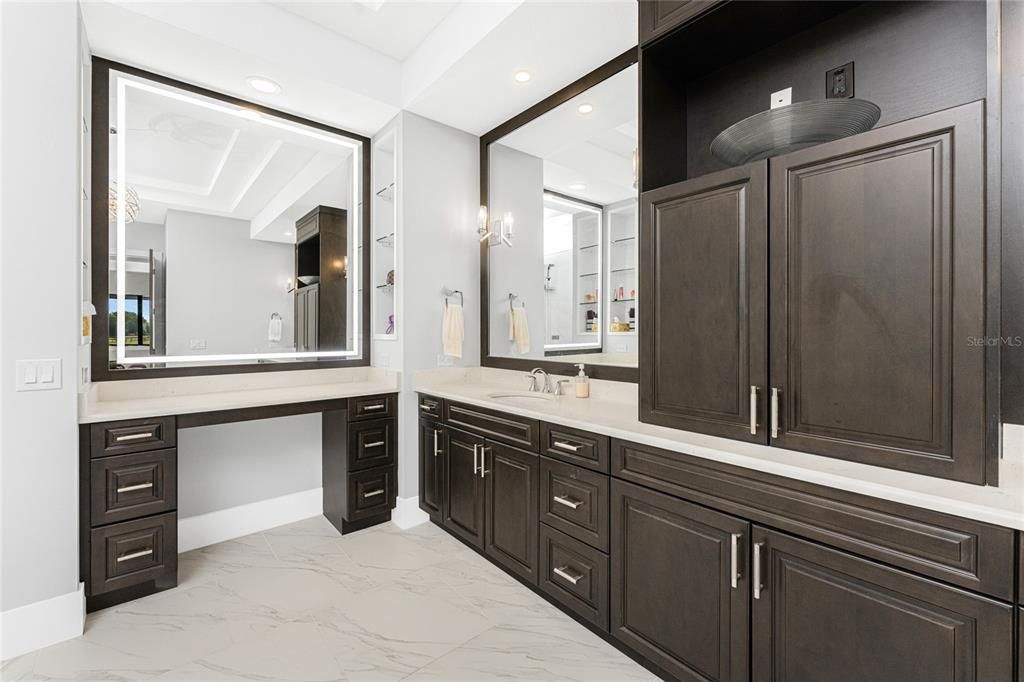 Bathroom, Dual Sink Vanities, Interior, Marble, Recessed Lighting