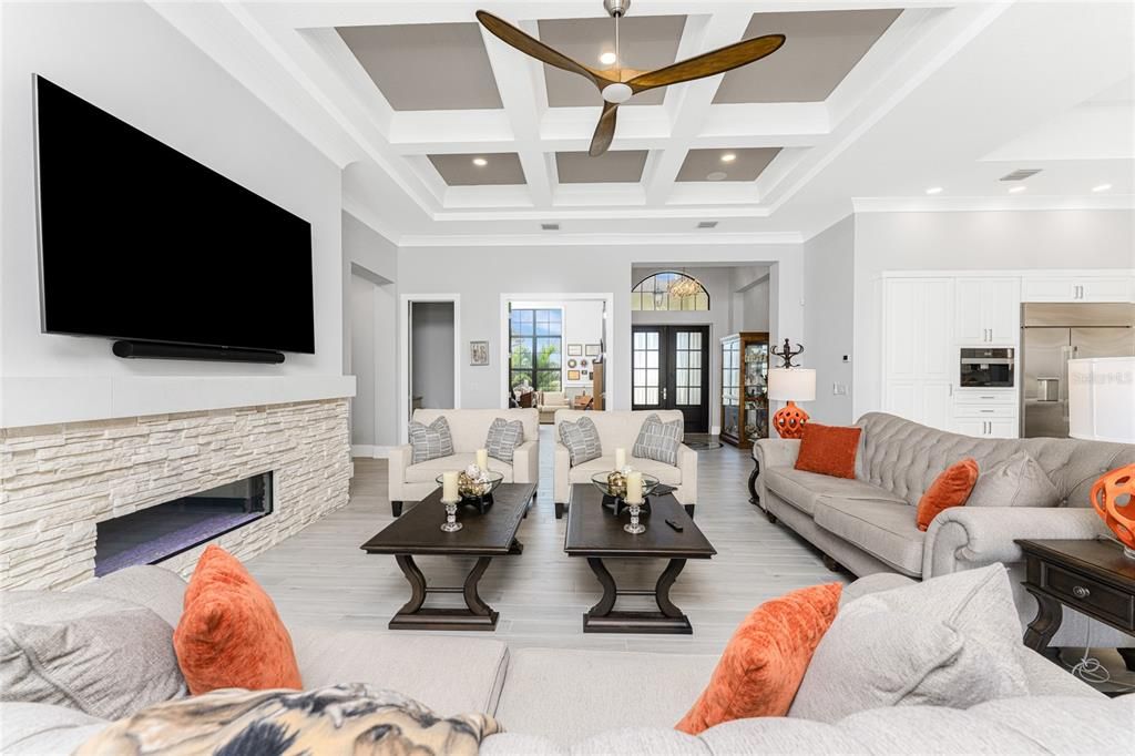 Fireplace, Interior, Kitchen, Living room, Recessed Lighting, Stainless Steel Appliances