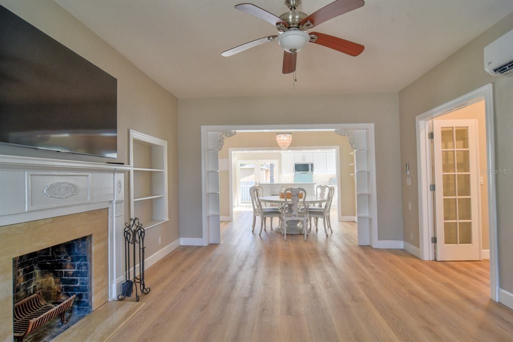 Dining room, Fireplace, Interior, Wood Texture Flooring
