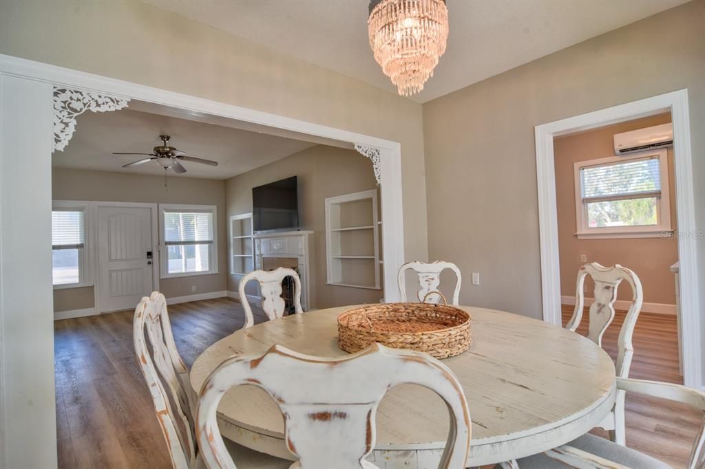 Chandelier, Dining room, Interior, Wood Texture Flooring