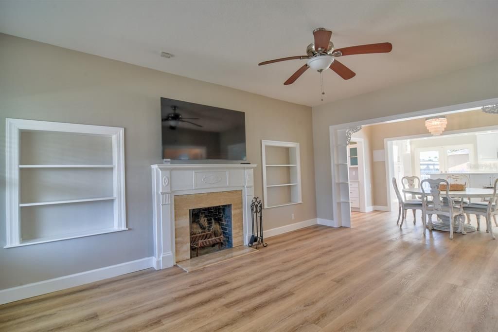 Dining room, Fireplace, Interior, Wood Texture Flooring