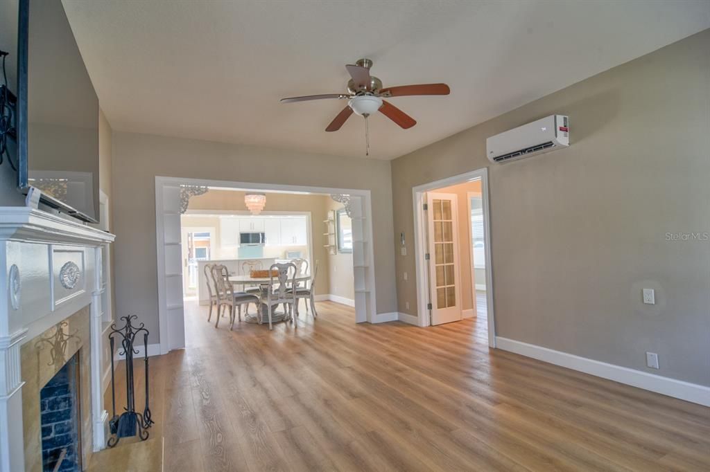 Dining room, Fireplace, Interior, Wood Texture Flooring