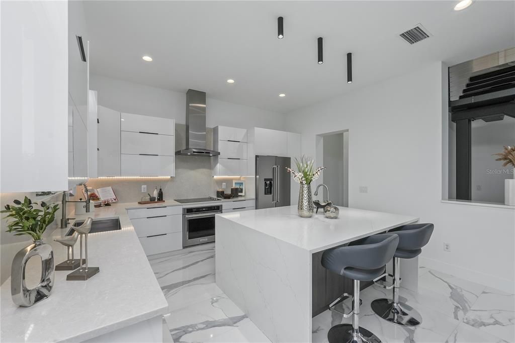 Interior, Kitchen, Marble, Recessed Lighting, Stainless Steel Appliances