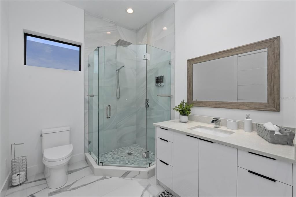 Bathroom, Glass Shower, Interior, Marble, Marble Walls, Recessed Lighting