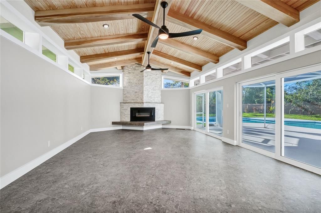 Empty room, Fireplace, Interior, Stone Walls, Wooden Beams, Wooden Ceilings