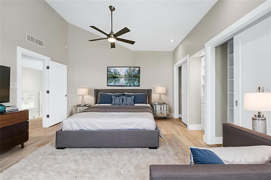 Bedroom, Interior, Recessed Lighting, Wood Texture Flooring