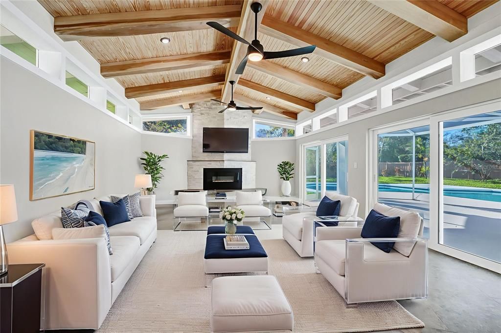 Fireplace, Interior, Living room, Recessed Lighting, Stone Walls, Wooden Beams, Wooden Ceilings