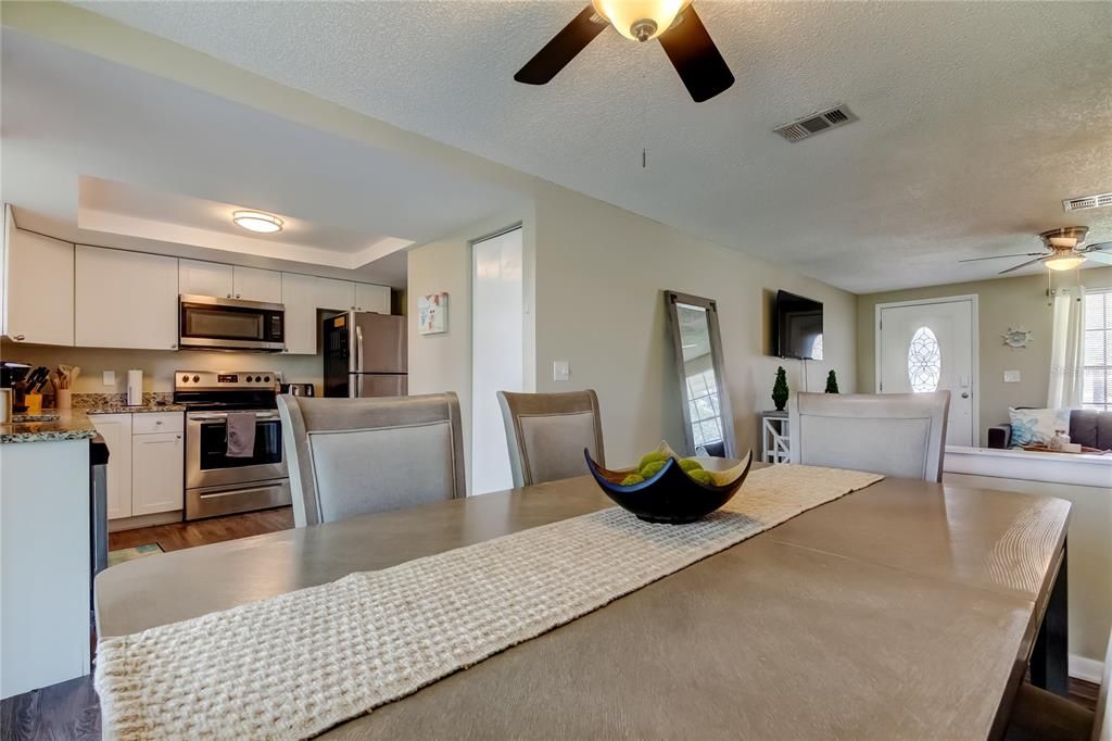 Dining room, Interior, Kitchen, Stainless Steel Appliances, Wood Texture Flooring